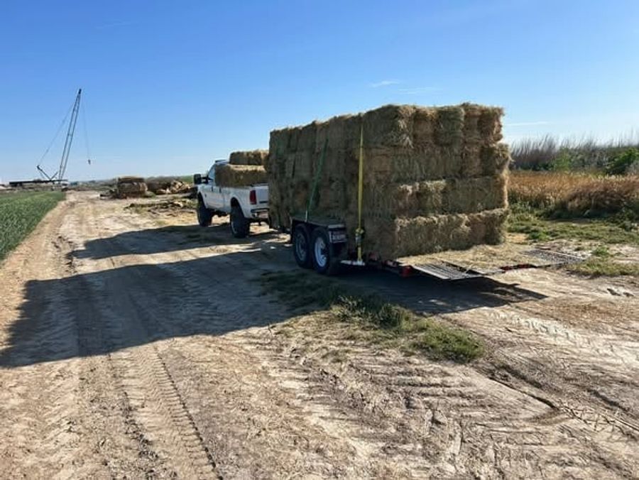 A trailer of hay bales being delivered to a farm property