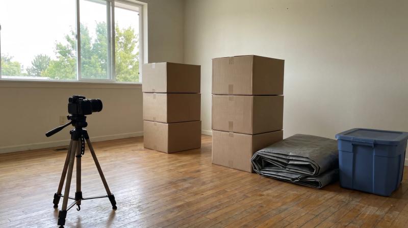 Plain cardboard boxes and a plastic bin sorted on a bare living room floor during a hoarding cleanup in Meridian, Idaho