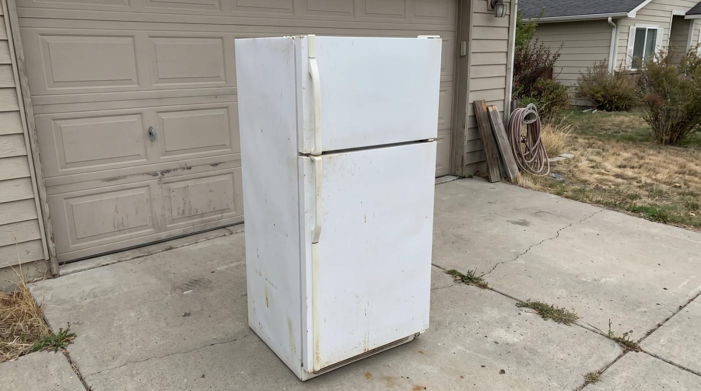 Two workers in plain clothes preparing to lift an old white refrigerator off a garage floor in Meridian, Idaho.