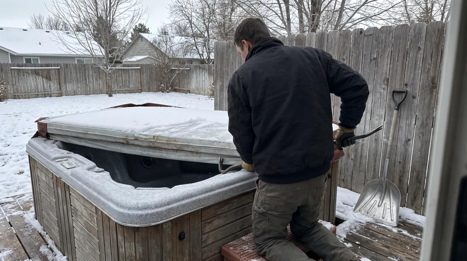 Worker removing the frozen cover from an old hot tub in a snowy backyard in Meridian, Idaho