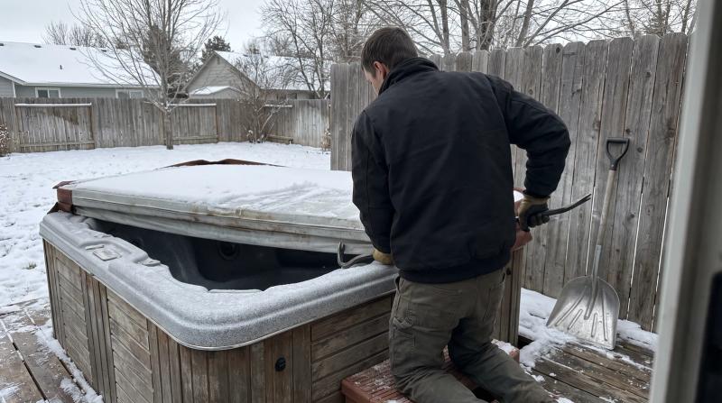Worker removing the frozen cover from an old hot tub in a snowy backyard in Meridian, Idaho