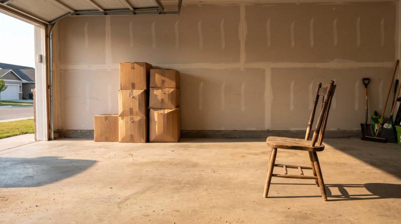 Sunlight across the bare concrete floor of a partly cleared garage in Middleton, Idaho, with stacked cardboard boxes and an old wooden chair waiting to be hauled off.
