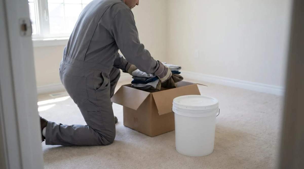Cleanup worker in thick gloves carefully sorting clothes from a cardboard box next to a lidded plastic bucket during a home cleanout in Caldwell, Idaho