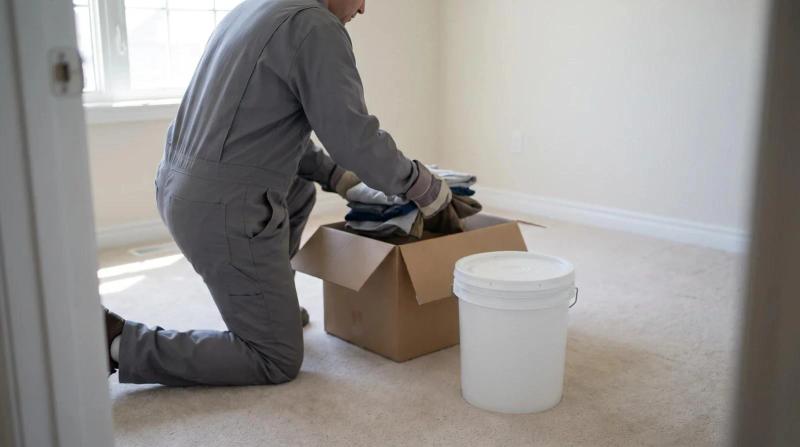 Cleanup worker in thick gloves carefully sorting clothes from a cardboard box next to a lidded plastic bucket during a home cleanout in Caldwell, Idaho