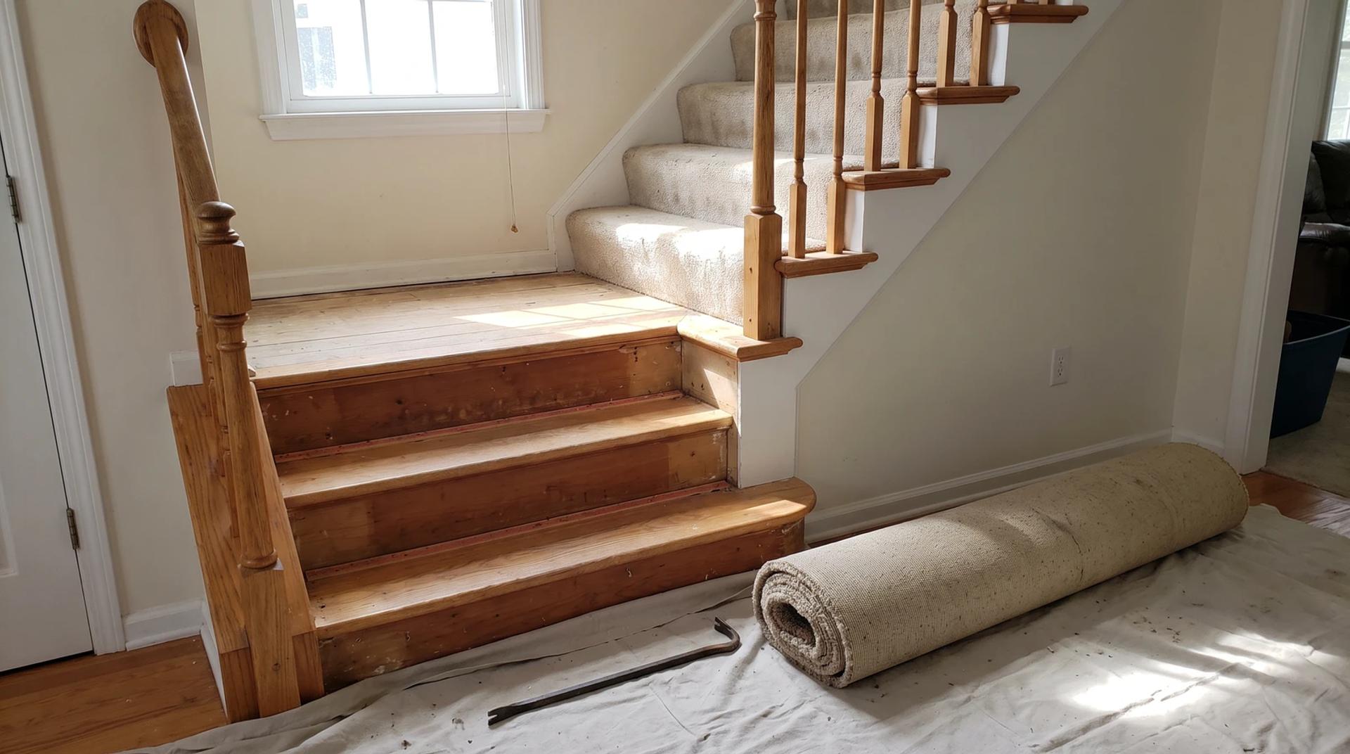 Half-finished stair carpet removal in a Star, Idaho home with bare wood treads showing and a rolled carpet at the bottom of the stairs
