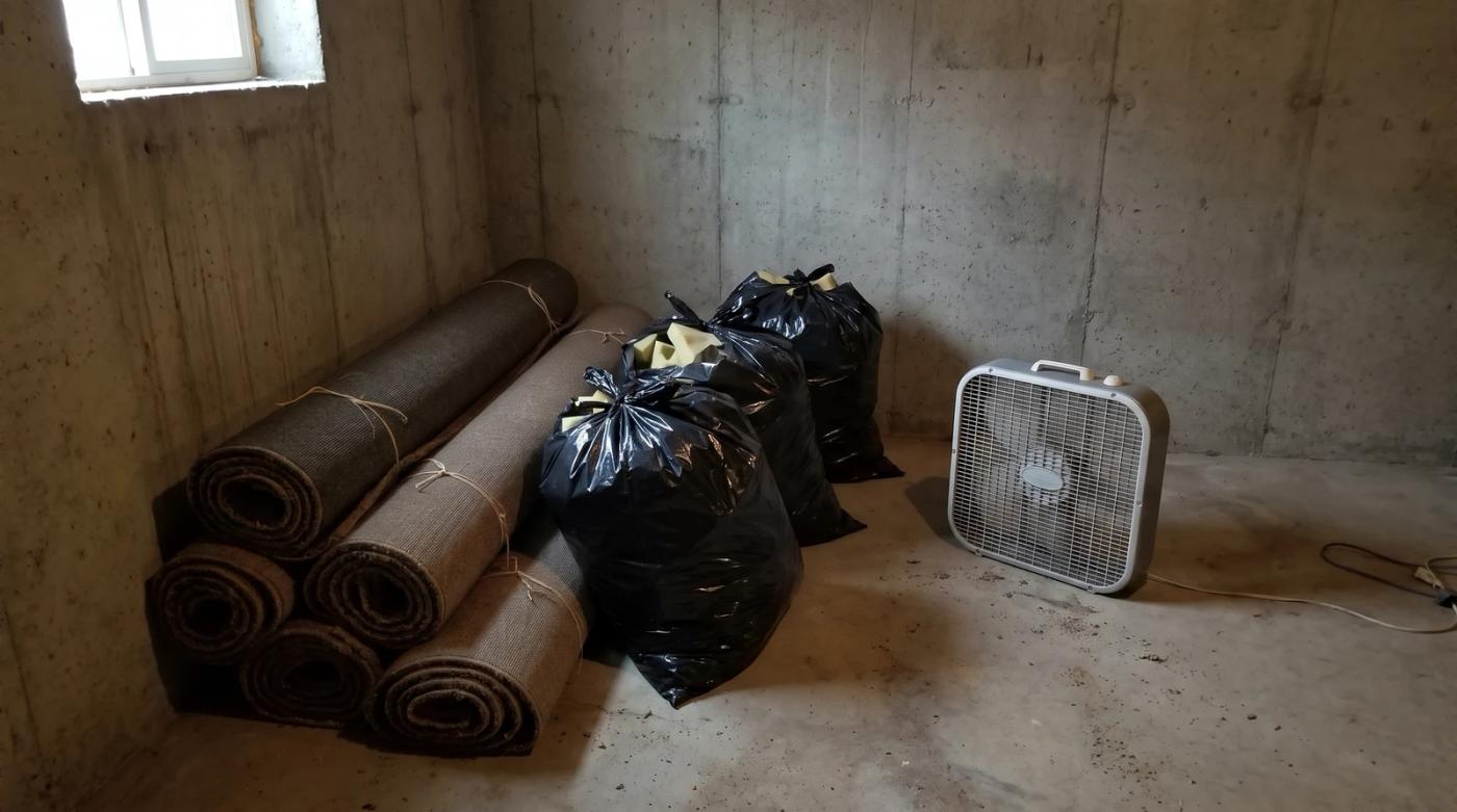 Rolled wet carpet strips and bagged carpet pad on a bare concrete basement floor after a water leak in Boise, Idaho