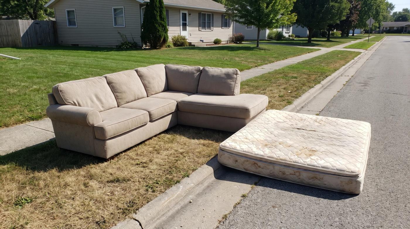 Old couch and mattress left at the curb of a residential street in Boise, Idaho, waiting for bulk trash removal
