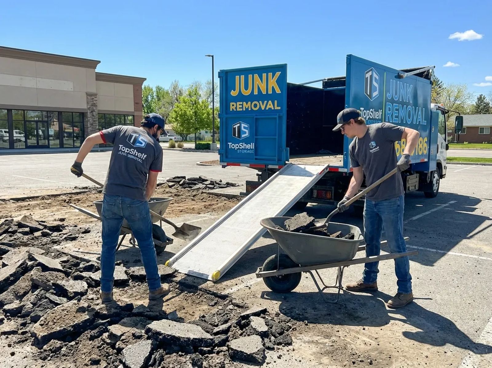 Top Shelf junk removal team hauling asphalt chunks to the branded truck in Meridian Idaho