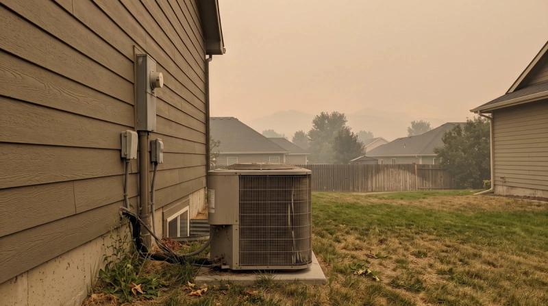 A hazy orange wildfire-smoke sky over a Boise neighborhood