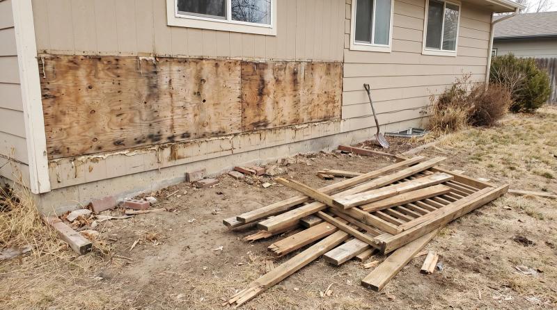 Exposed house wall and bolt holes after attached deck removal at a home in Garden City, Idaho, with old deck boards stacked nearby