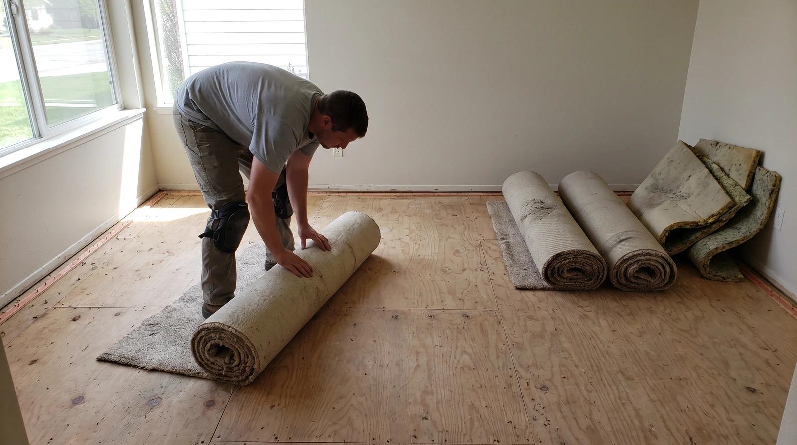 Worker in knee pads rolling up old beige carpet and pad from a living room floor during carpet removal in Garden City, Idaho