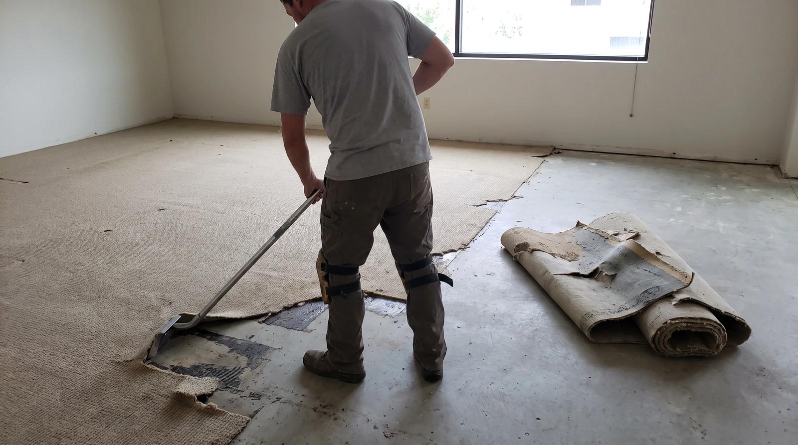 Worker scraping glued-down commercial carpet off a concrete floor in an empty office in Caldwell, Idaho