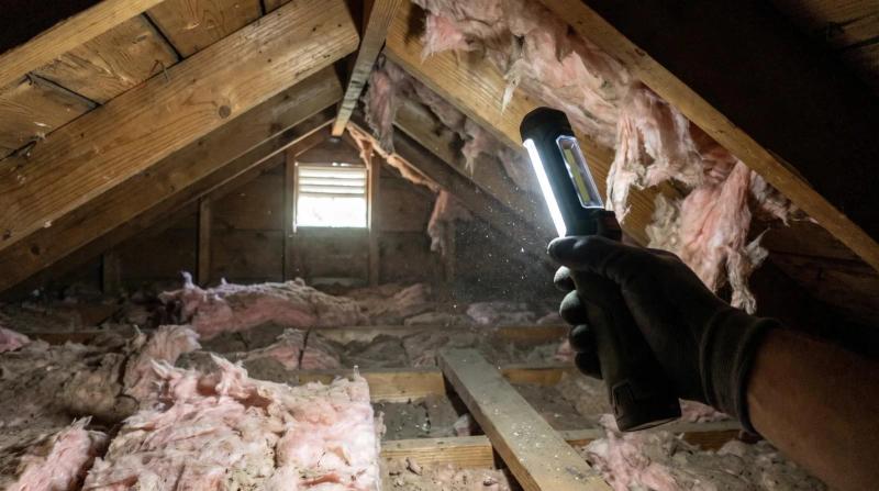 Gloved hand with a work light inspecting torn attic insulation between joists during biohazard cleaning in Eagle, Idaho