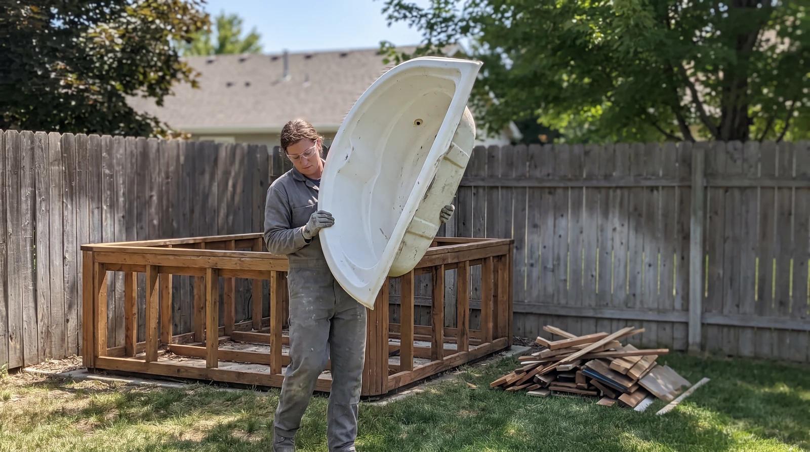 Worker carrying a cut-up hot tub shell out of a backyard in Boise, Idaho