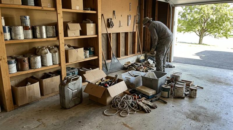 Old paint cans, a gas can, and jugs sorted into piles during a garage cleanout in Meridian, Idaho