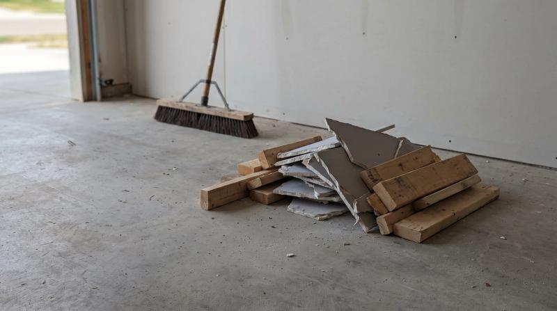 Drywall scraps and lumber offcuts piled on a swept garage floor after a basement remodel in Middleton, Idaho