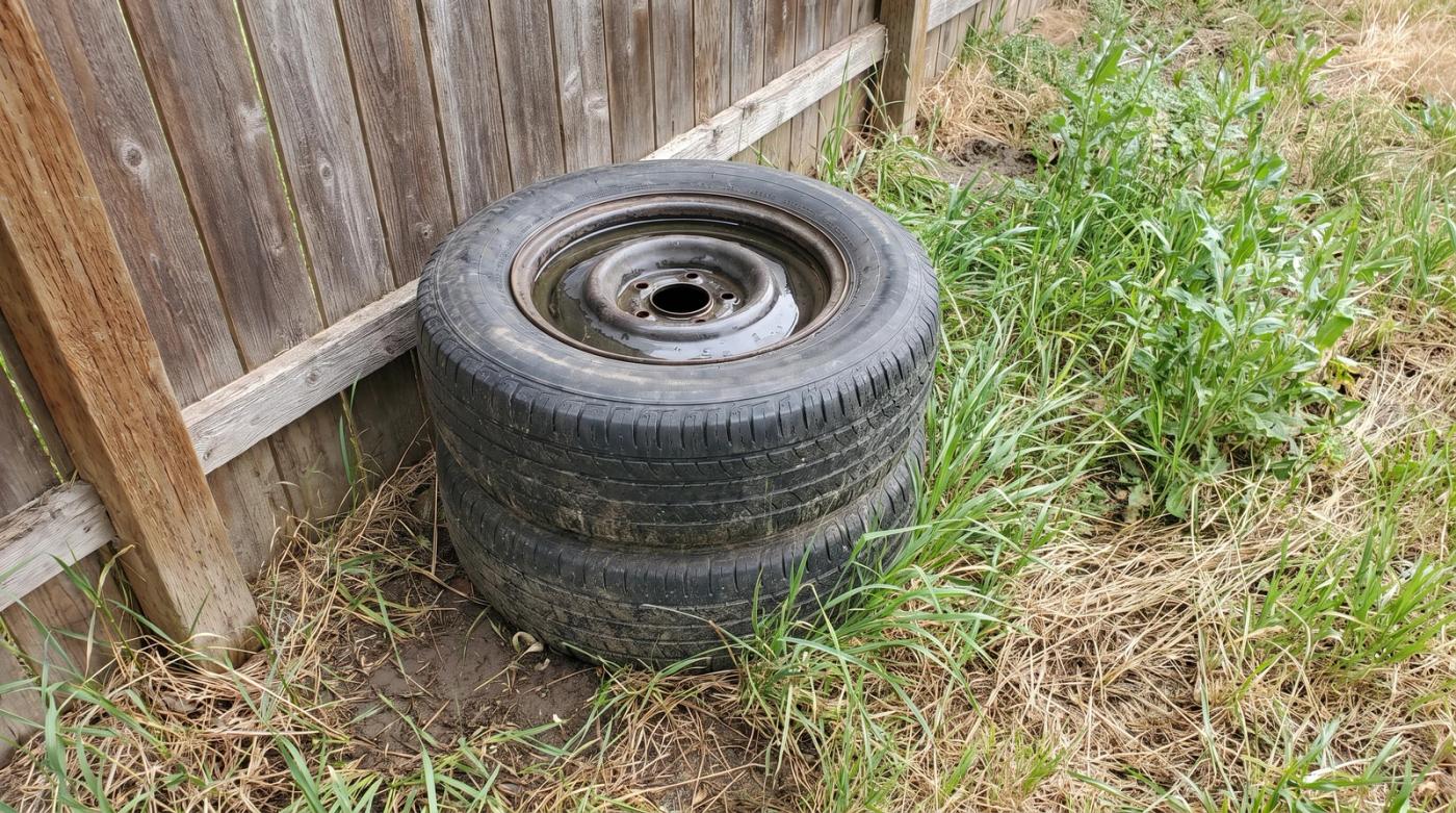 Stack of weathered old tires holding standing water against a backyard fence in Nampa, Idaho, waiting for tire removal