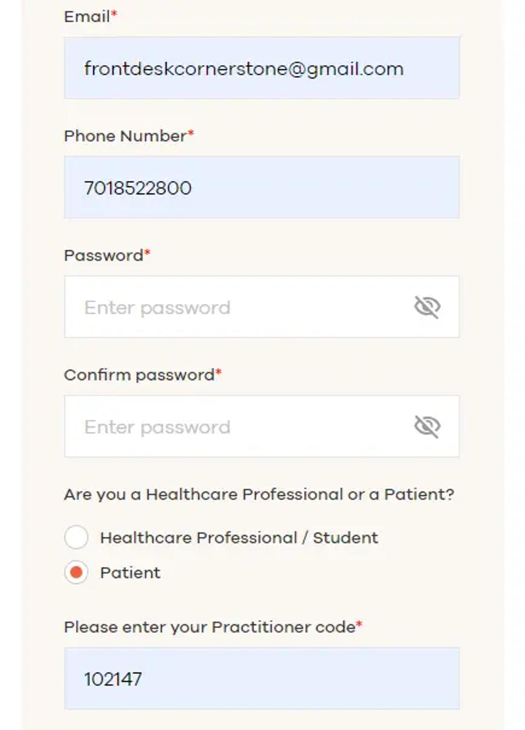 NutriDyn account creation screenshot showing practitioner code 102147