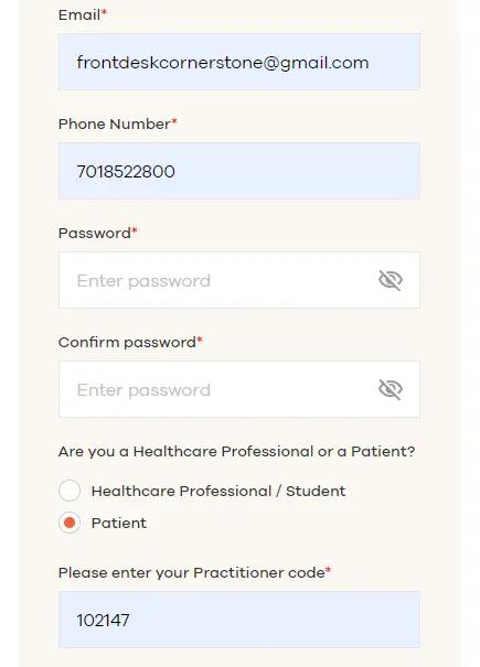 NutriDyn account creation screenshot showing practitioner code 102147