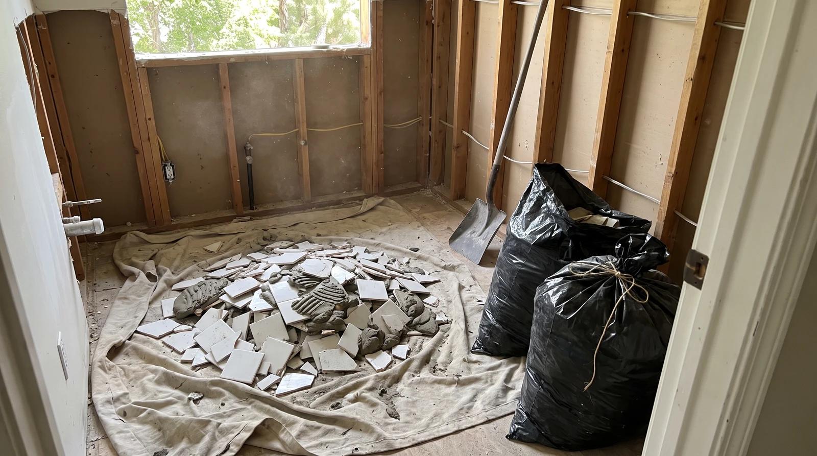 Broken bathroom tile and mortar staged on a tarp with contractor bags during a remodel tear-out in Caldwell, Idaho