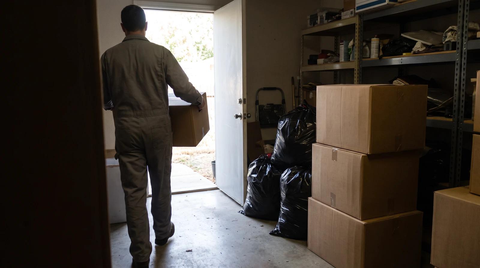 Crew member carrying a box past metal shelving to clear a back exit during a commercial hoarding cleanup in Star, Idaho