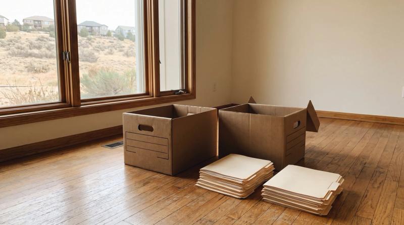 Plain manila file folders stacked beside two open cardboard banker's boxes on the hardwood floor of an emptied Boise home during an estate cleanout