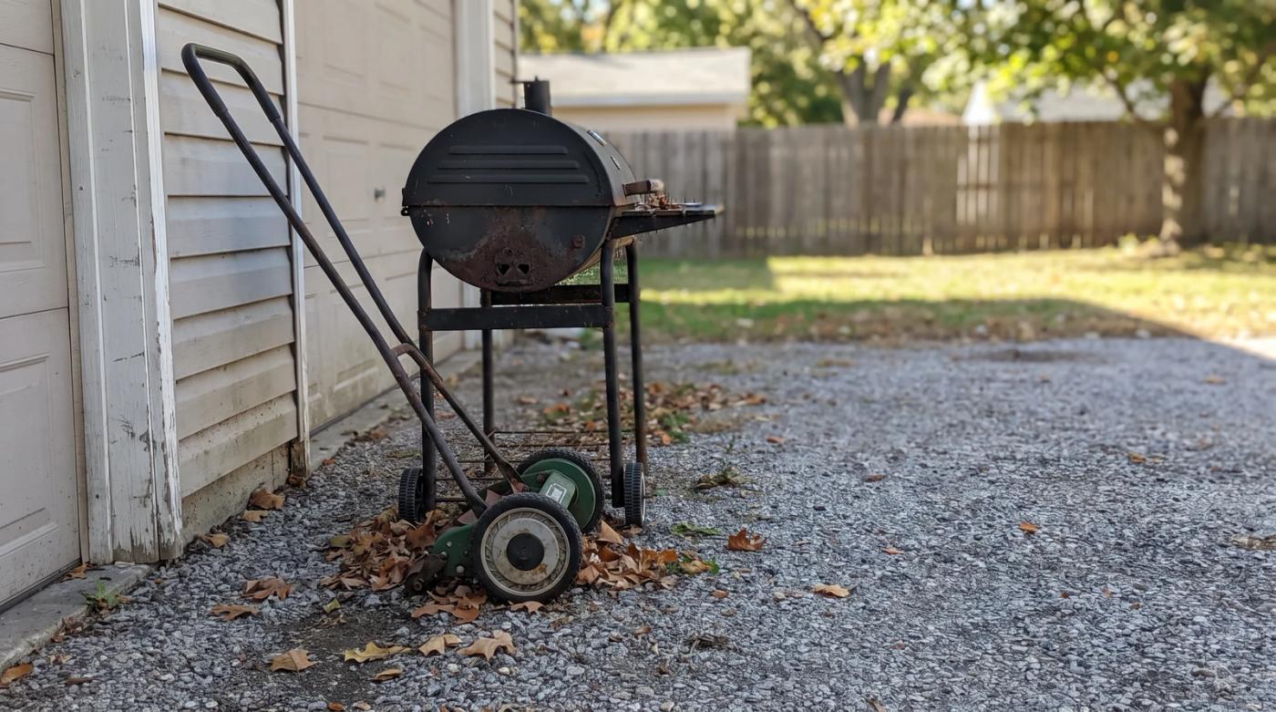 Old push lawn mower and rusty charcoal grill waiting for junk removal beside a garage in Kuna, Idaho