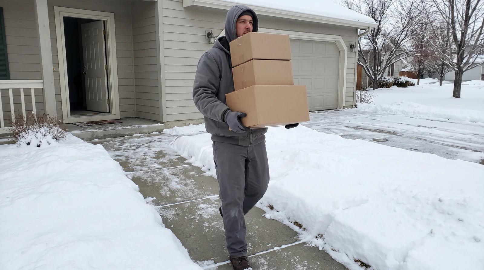 Worker carrying boxes out of a vacant home along a shoveled walkway during a winter foreclosure cleanout in Eagle, Idaho