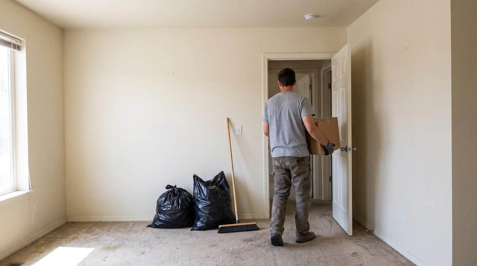 Worker carrying a box out of an empty living room during a foreclosure property cleanout in Eagle, Idaho
