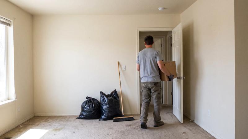 Worker carrying a box out of an empty living room during a foreclosure property cleanout in Eagle, Idaho