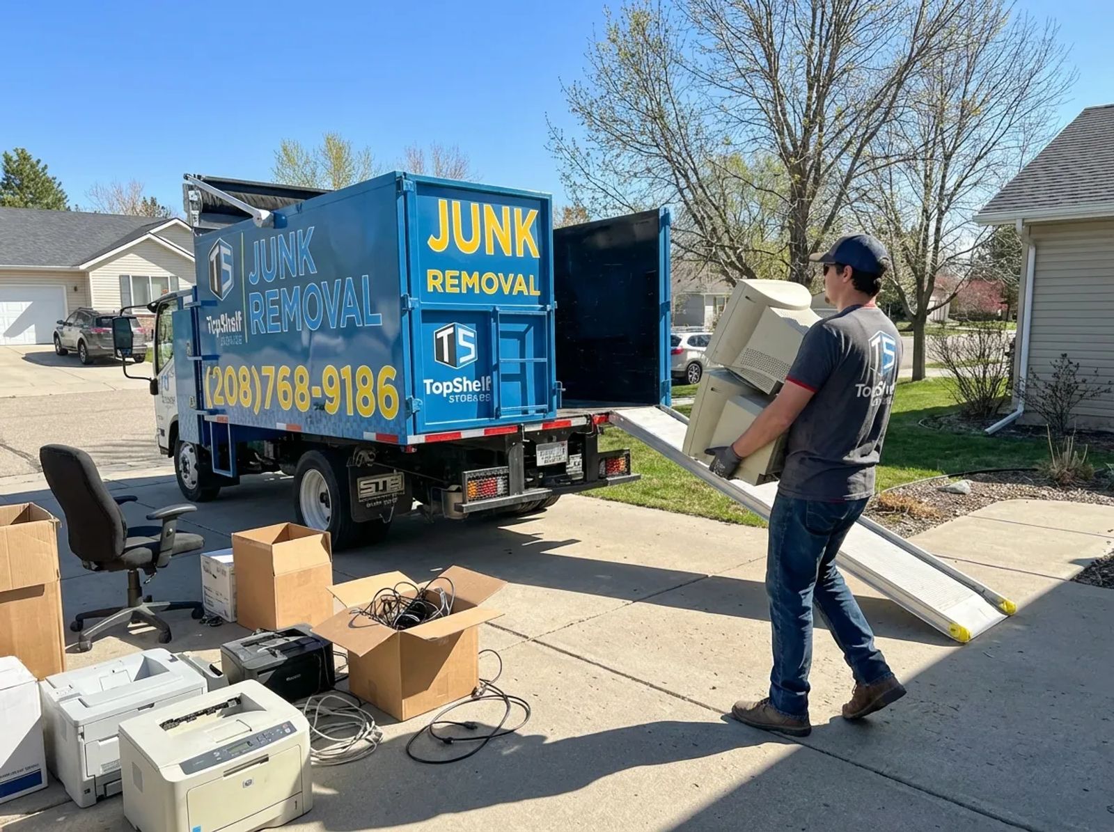 Top Shelf crew removing a computer monitor from a residential property in Middleton Idaho