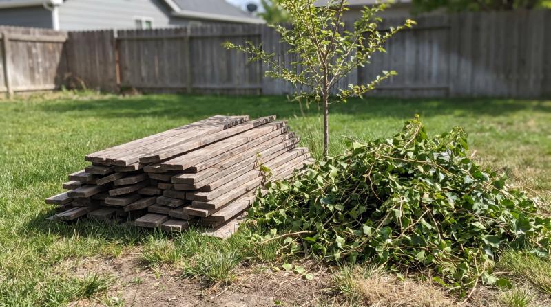 Stacked old fence boards and a pile of cut ivy vines beside a young elm tree in a Star, Idaho backyard after an overgrown fence was removed