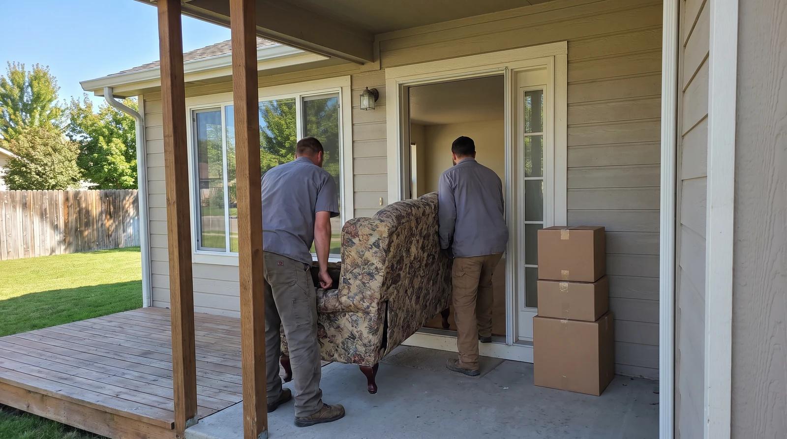 Two cleanout workers carrying an old armchair out of an empty house in Caldwell, Idaho, with cardboard boxes stacked on the front porch