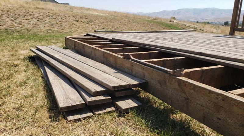 Partially demolished backyard wood deck with pried-up gray boards stacked beside exposed joists at a home in Middleton, Idaho