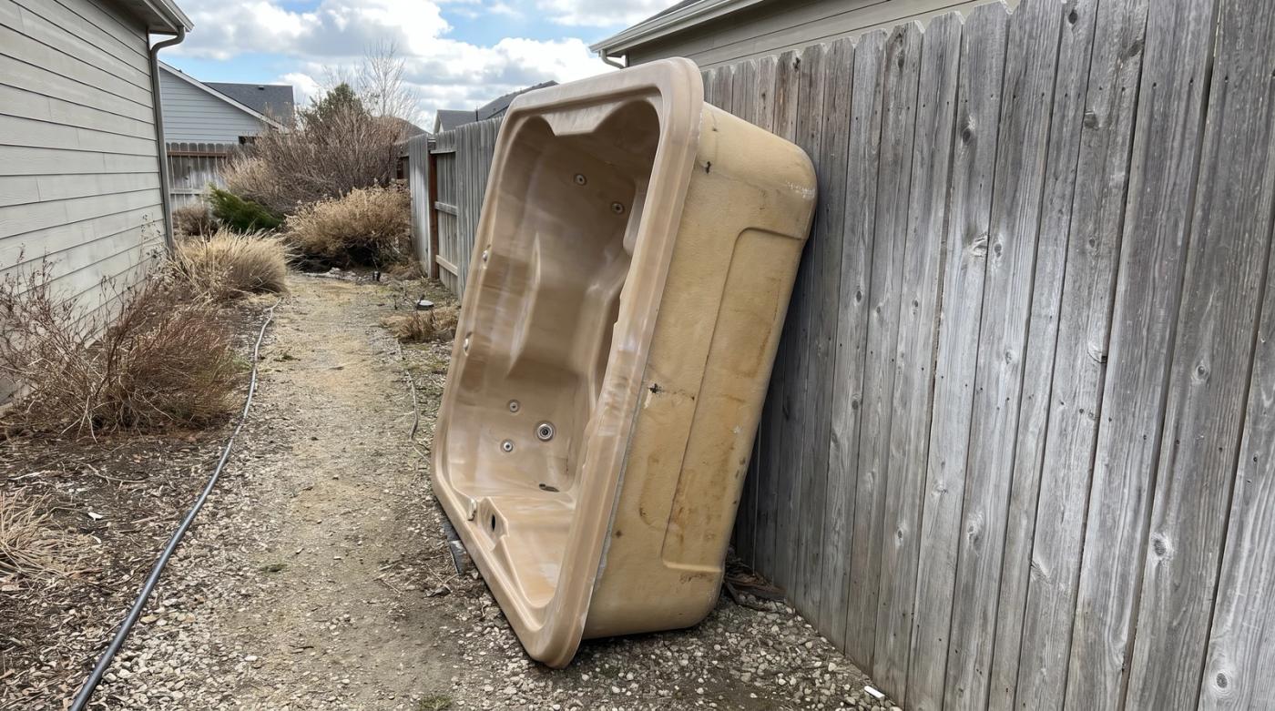 An old hot tub shell tipped on its side in a narrow side yard beside a cedar fence during a hot tub removal in Meridian, Idaho