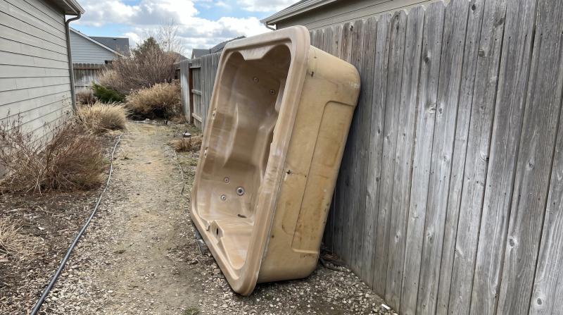 An old hot tub shell tipped on its side in a narrow side yard beside a cedar fence during a hot tub removal in Meridian, Idaho