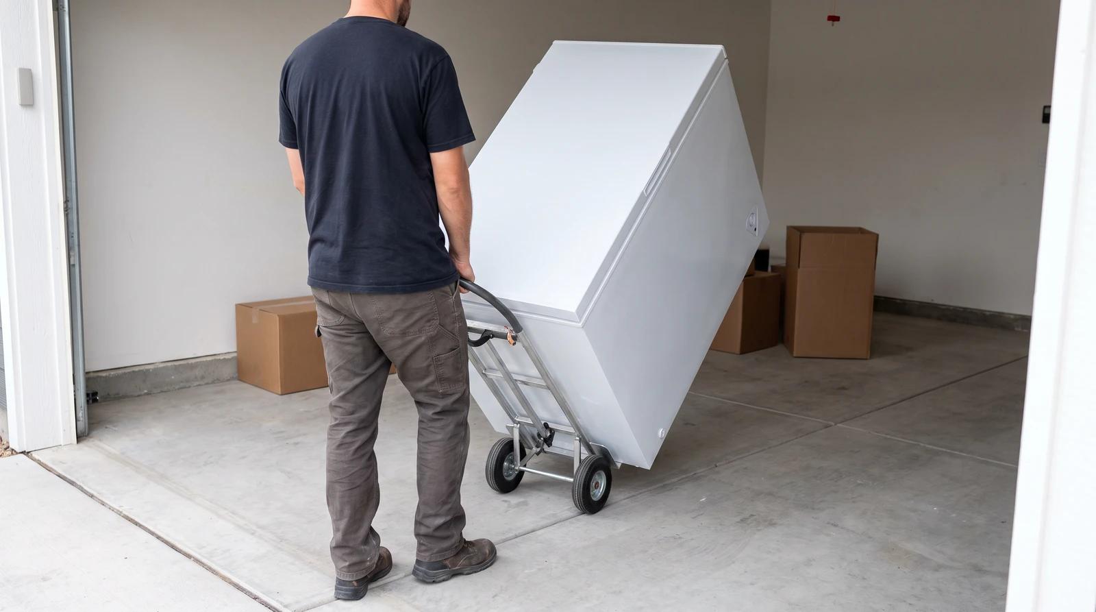 Worker moving an old white chest freezer on an appliance dolly out of a garage during freezer removal in Boise, Idaho