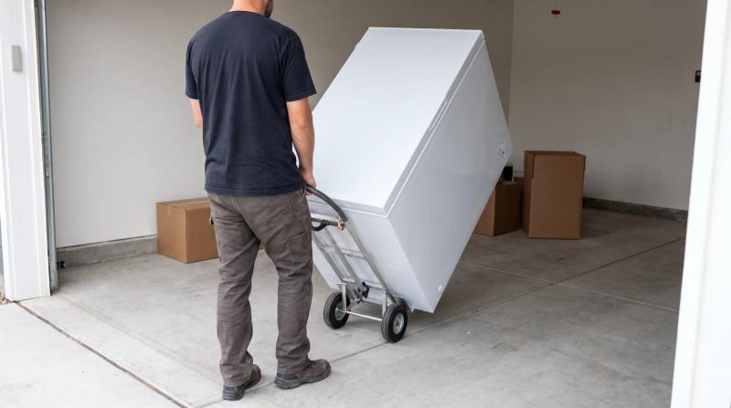 Worker moving an old white chest freezer on an appliance dolly out of a garage during freezer removal in Boise, Idaho