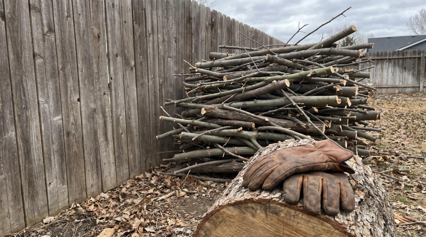 Stacked storm-damaged tree limbs beside a wooden backyard fence in Boise, Idaho, ready for yard debris removal