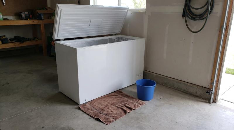 Unplugged white chest freezer with the lid open in a clean garage in Emmett, Idaho, ready for junk removal