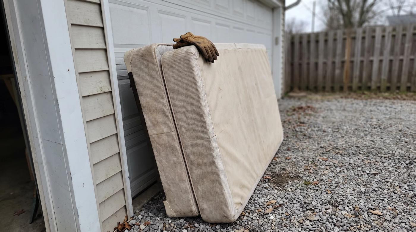 A bare mattress and box spring leaning against a garage wall on a gravel driveway in Idaho, with worn work gloves resting on top