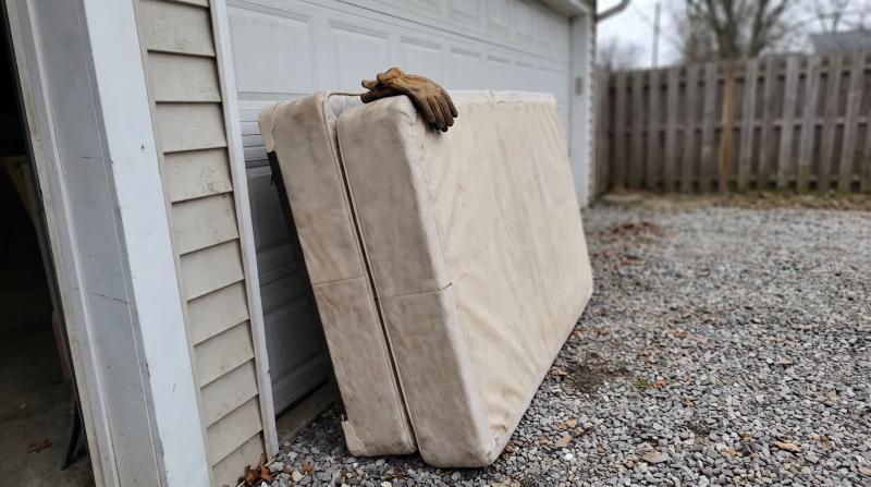 A bare mattress and box spring leaning against a garage wall on a gravel driveway in Idaho, with worn work gloves resting on top