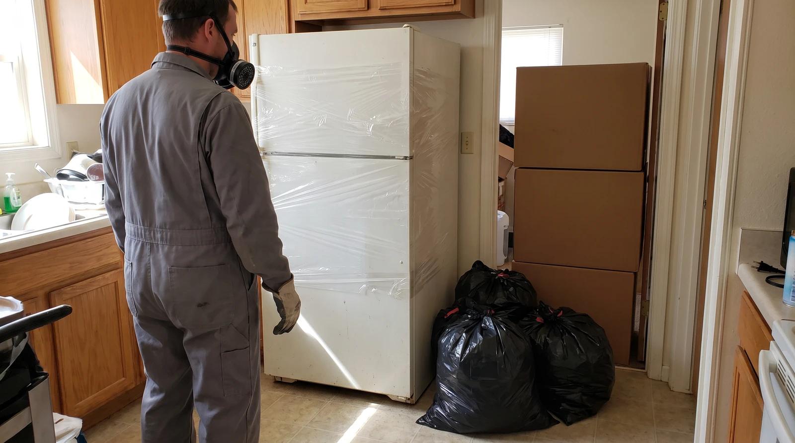 Hoarding cleanup worker in protective gear beside a refrigerator sealed in plastic sheeting in a cluttered kitchen in Kuna, Idaho
