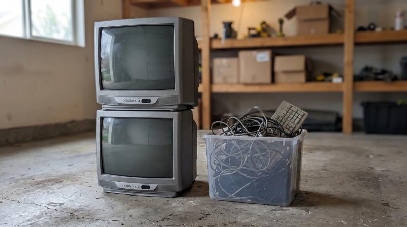 Old tube televisions and a bin of tangled cables set out for electronics pickup in a Garden City, Idaho garage