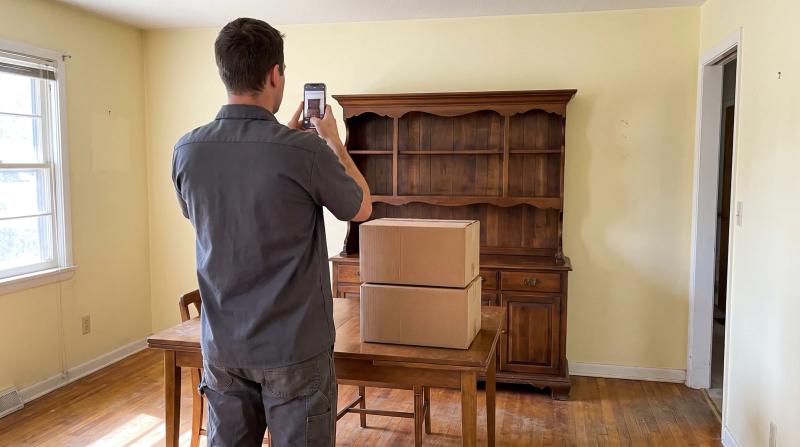 Estate cleanout crew member photographing an antique hutch for a probate inventory before a house cleanout in Middleton, Idaho