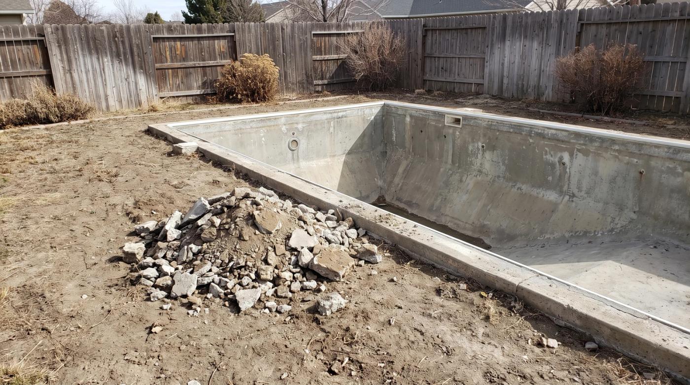 Empty concrete pool shell with broken concrete stacked beside it during a pool demolition in a Boise, Idaho backyard