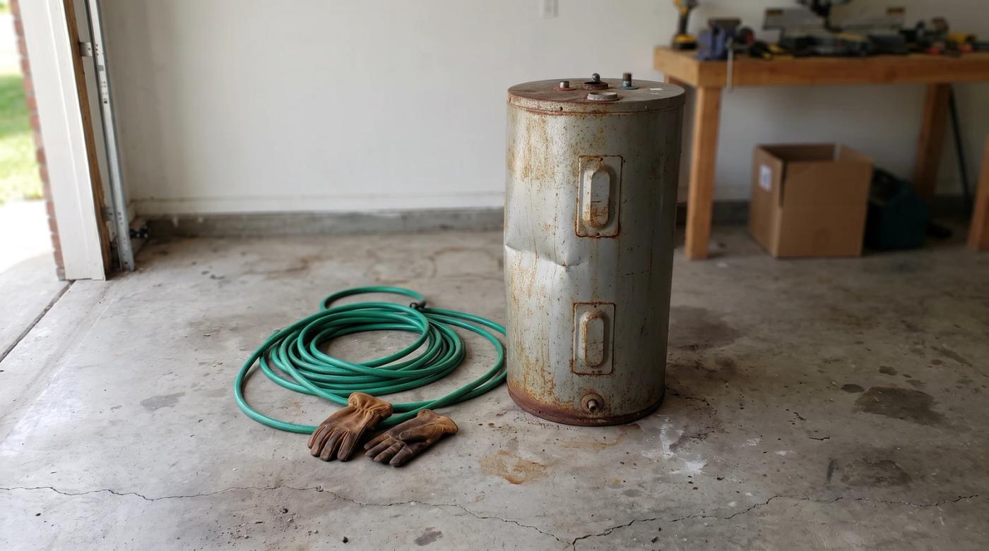 Old disconnected water heater tank waiting for removal on a garage floor in Boise, Idaho, with a garden hose and work gloves