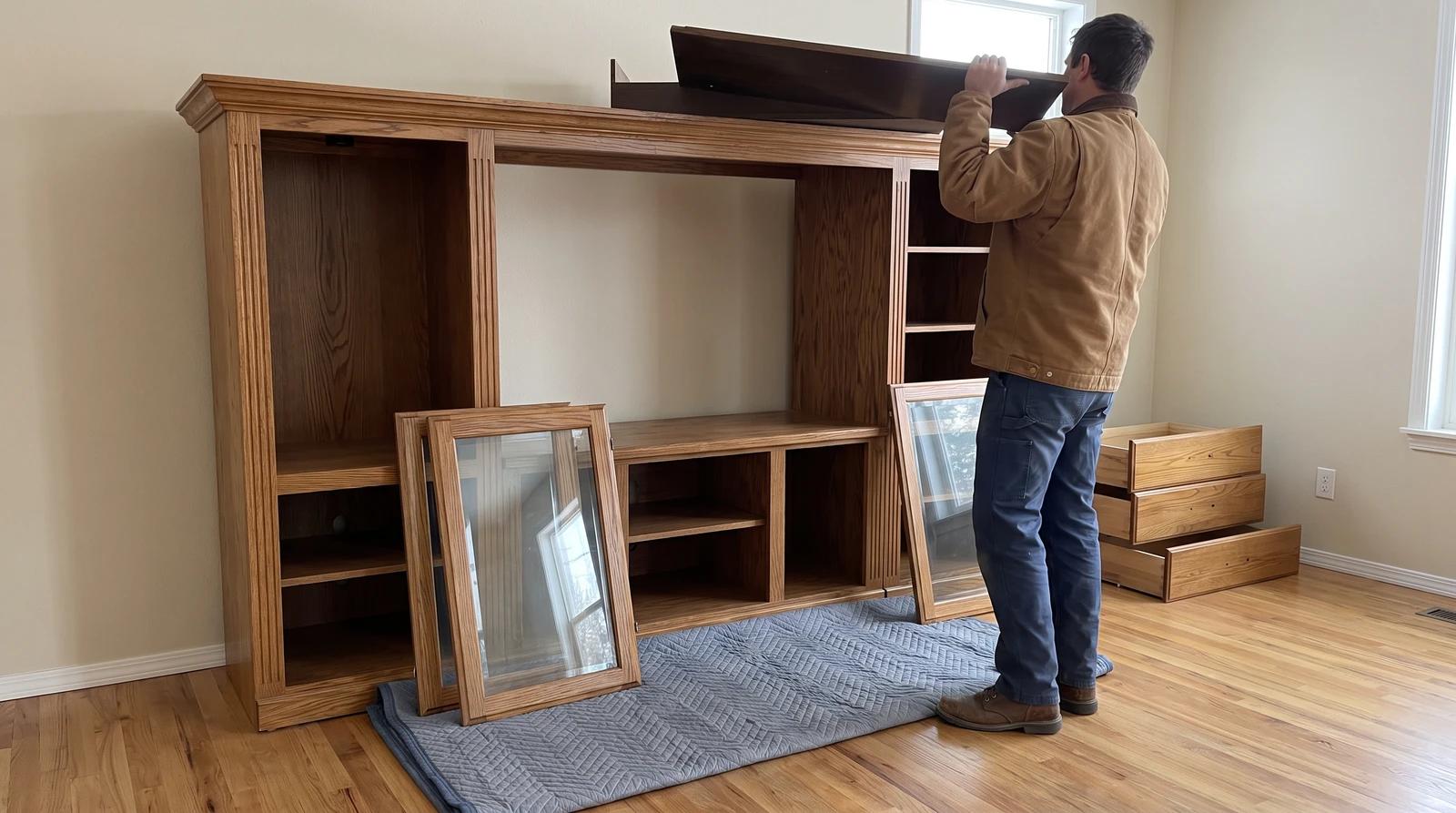Worker taking apart an old wooden entertainment center in a living room in Eagle, Idaho, with the glass doors set aside on a moving blanket