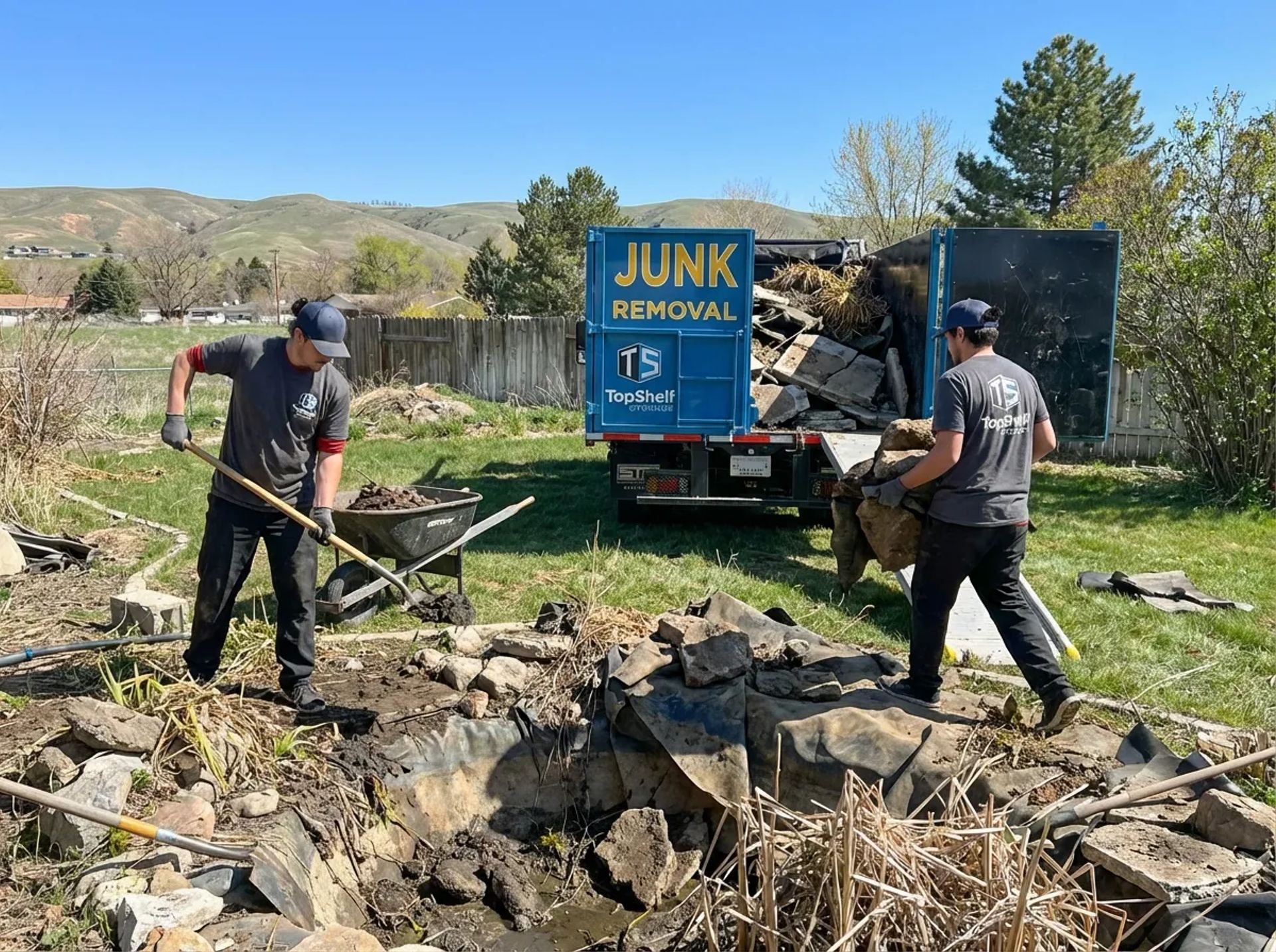 Pond demolition and debris removal by the Top Shelf crew in Garden City, Idaho