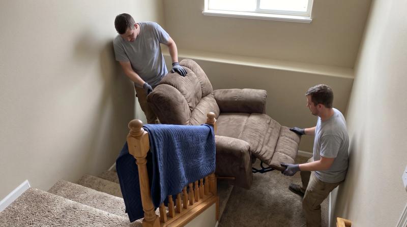 Two workers carrying an old brown recliner down a carpeted staircase during a household junk haul away in Middleton, Idaho